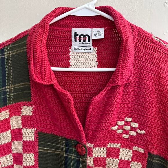 TM Sport Cardigan Sweater MEDIUM Vintage Patchwork Hand Knit Grandma Holiday Red - Picture 4 of 13